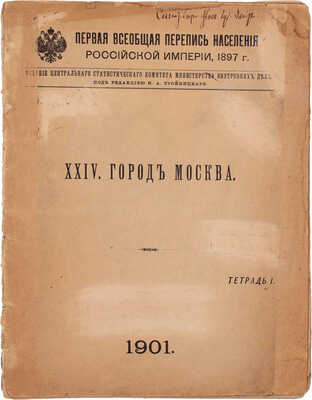 Первая Всеобщая перепись населения Российской империи 1897 г. / Под ред. [и с предисл.] Н.А. Тройницкого. XXIV. Город Москва. Тетрадь 1. [СПб.]: Издание Центрального статистического комитета Министерства внутренних дел, 1901.
